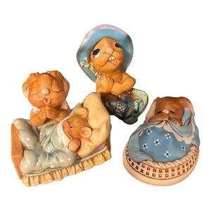 Vintage Pendelfin Bunny Rabbit Figurine Lot of 3 Fishing Praying Cuddling